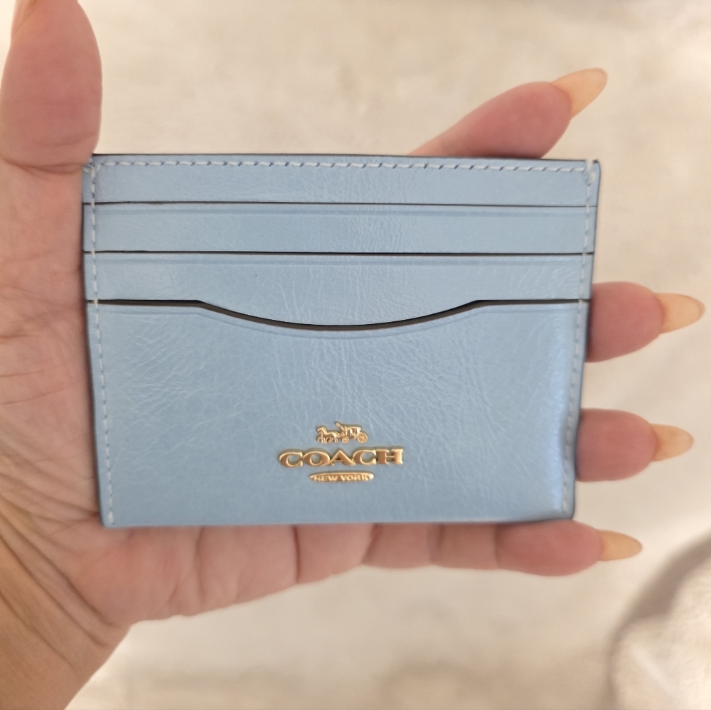 Coach Slim ID Card In Glazed Leather - Powder Blue - Picture 2 of 5